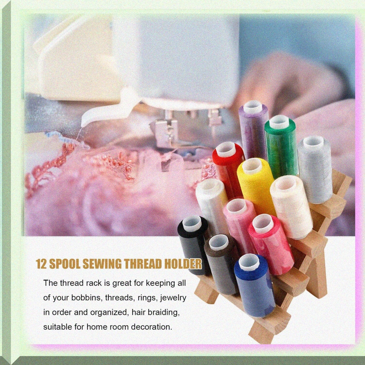 Wooden Thread Spool Holder Rack for 12 Spools