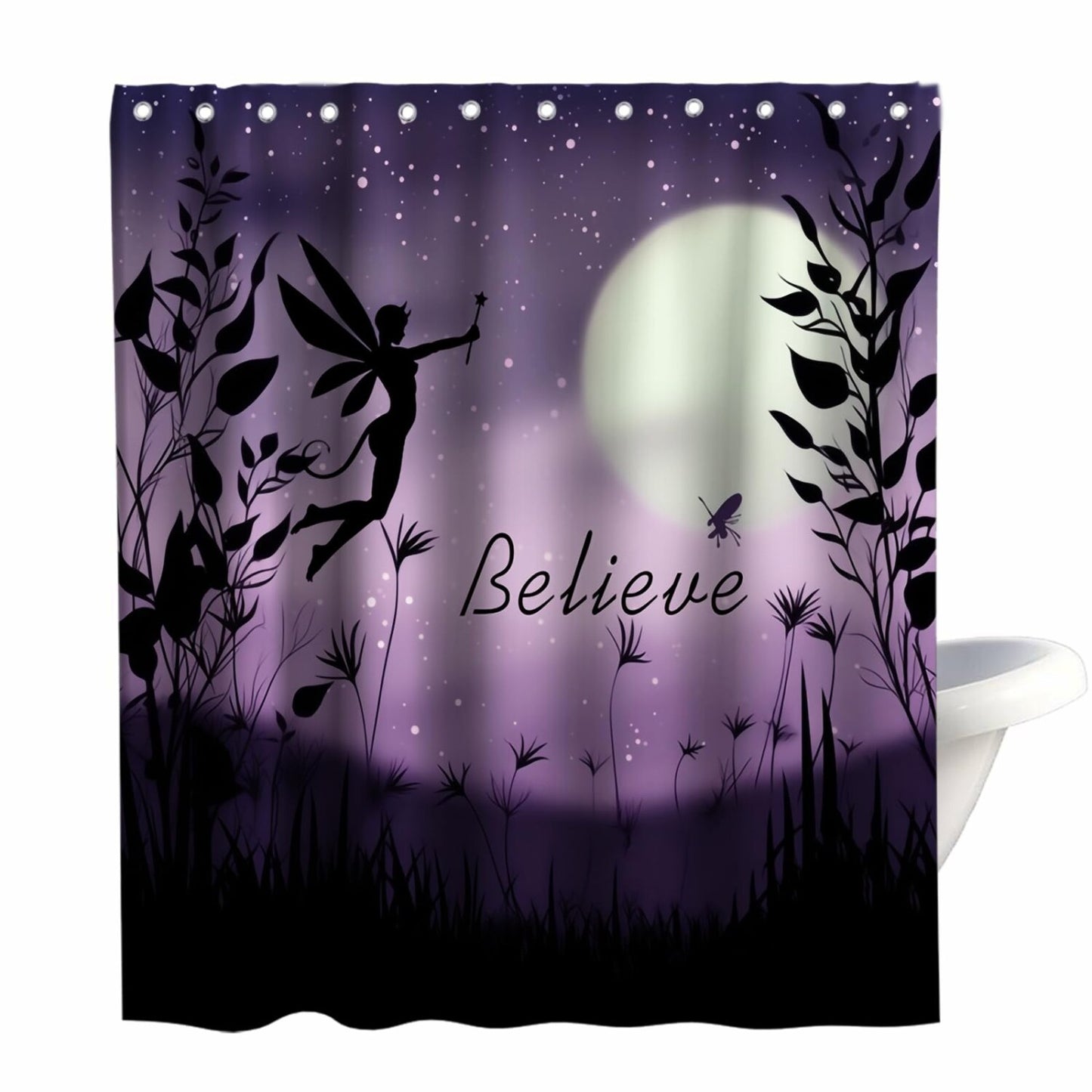 Believe Black Fairy Shower Curtain Set 72x72