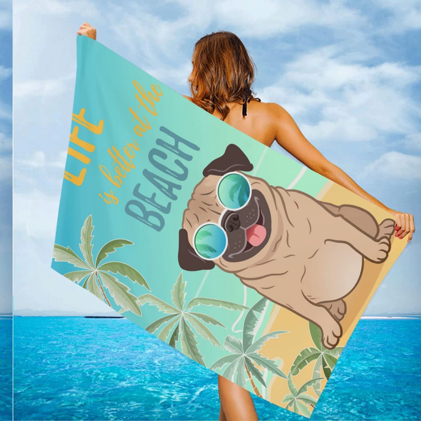 Pug Dog Sand Free Beach Towel 52"L x 32"W