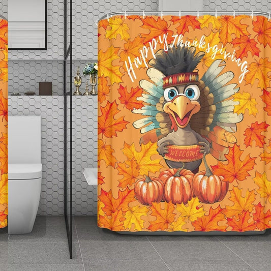 Turkey Pumpkin Maple Leaf Shower Curtain 71x71 Waterproof Fabric