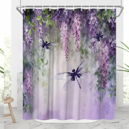 Purple Flower Shower Curtain with Dragonfly and Wisteria 70x70 inch