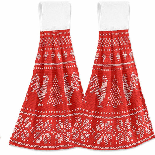 Red Holiday Rooster Hanging Tie Towels 2 Pack