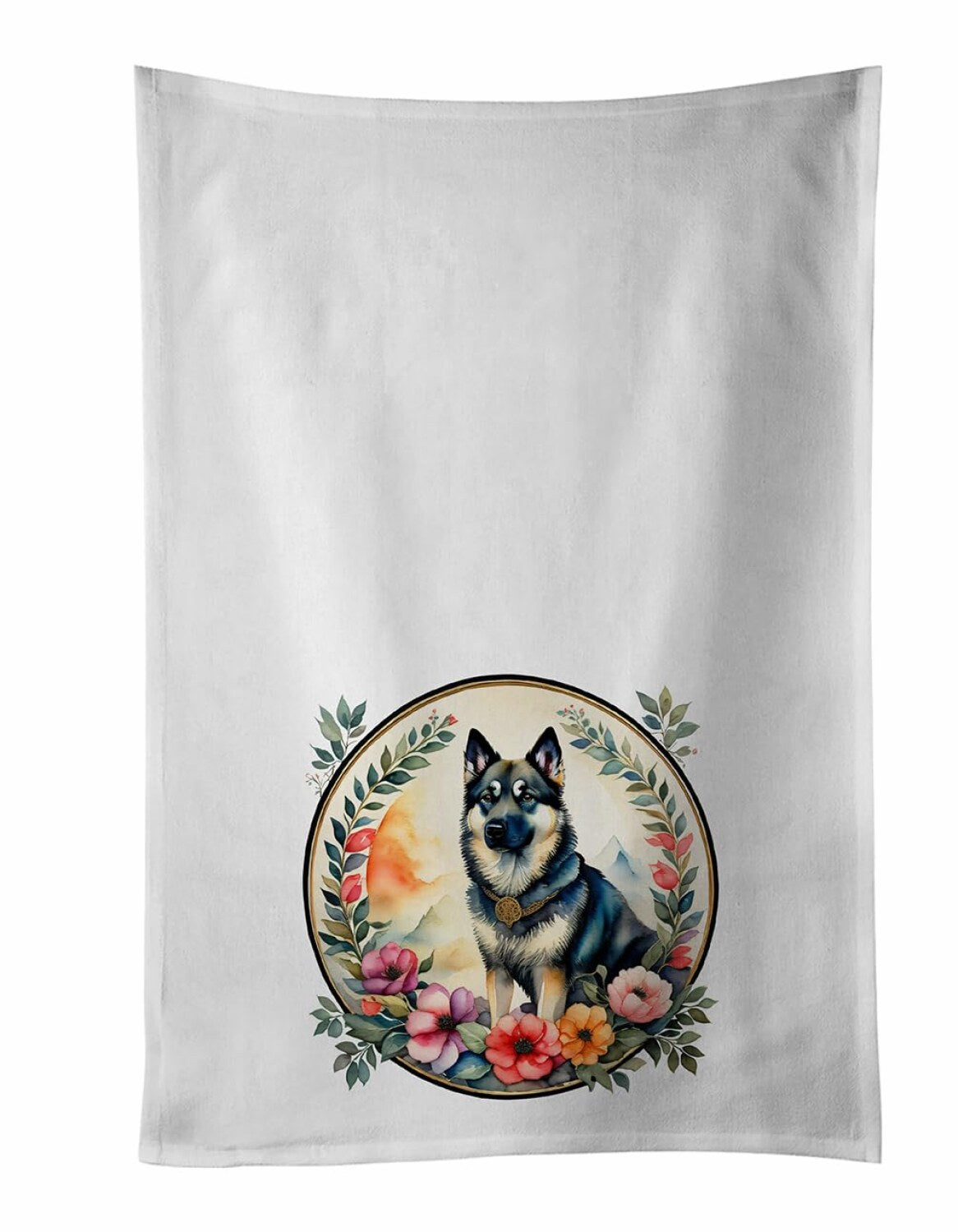 Norwegian Elkhound and Flowers Kitchen Towel Set 2 White