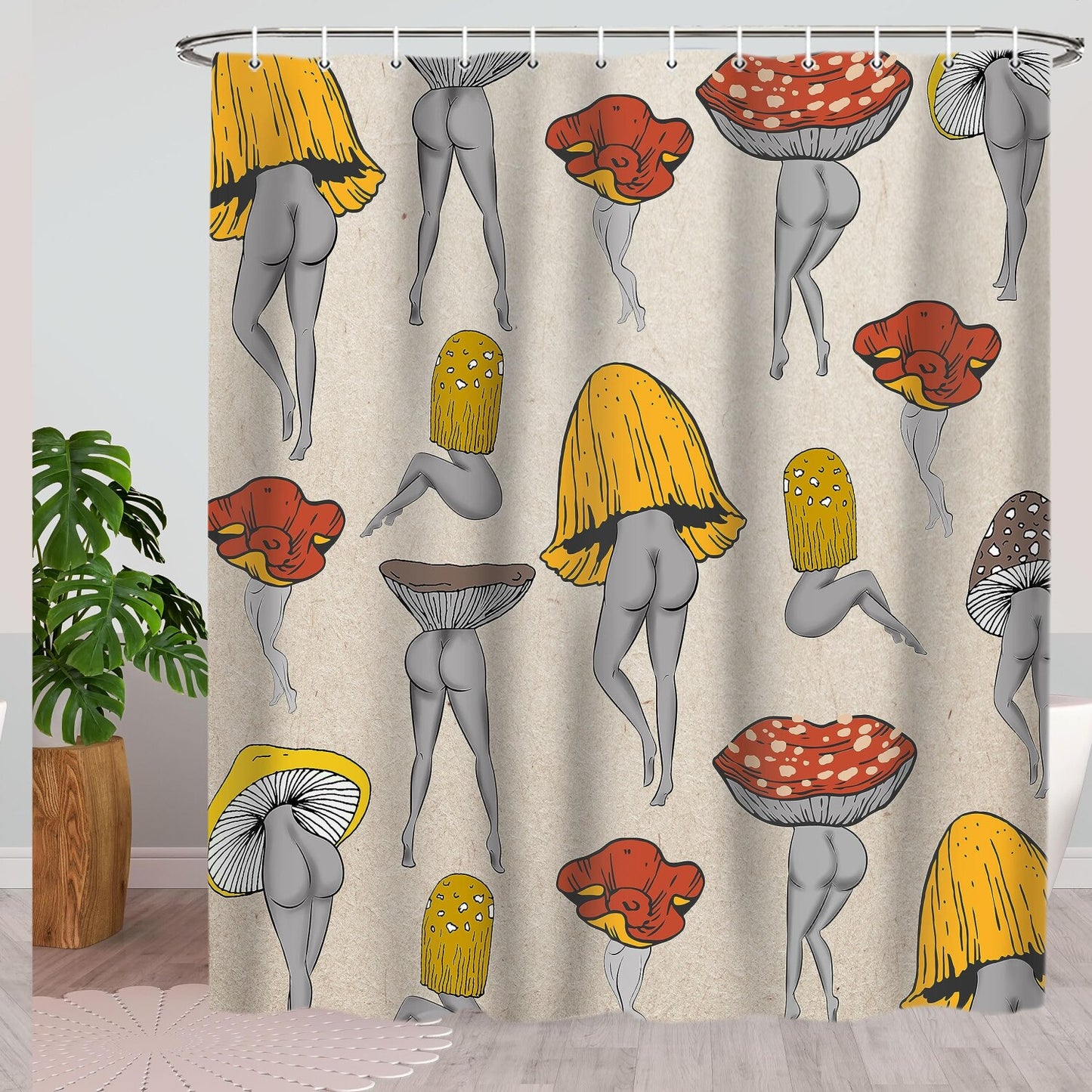 Funny Mushroom Butt Shower Curtain, Fabric, 70s Hippie Style