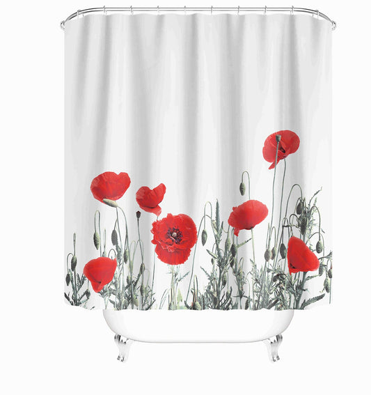 Fabric Waterproof Shower Curtain with Hooks Red Poppies Floral 72"X72"