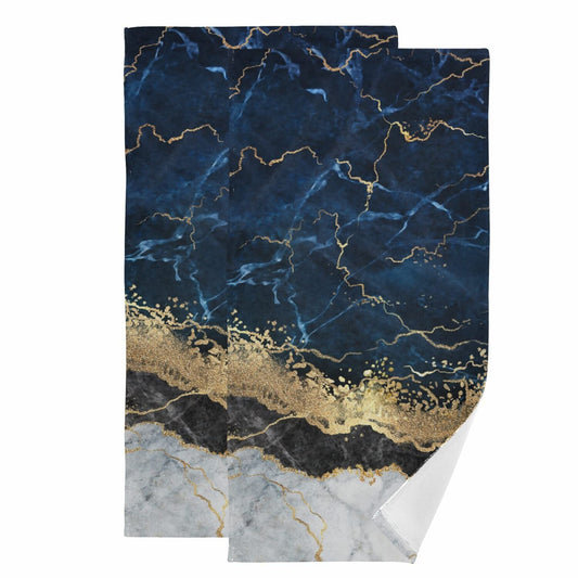 Bath Towels Set of 2 Navy Blue Marble 28x14in
