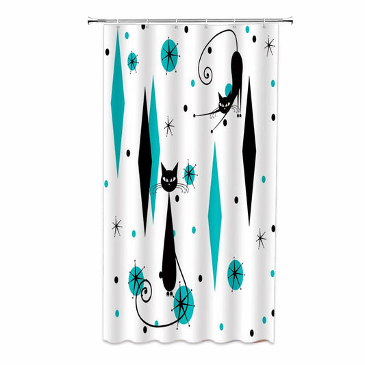 Mid Century Shower Curtain Cat Starbursts 36x70 Inches