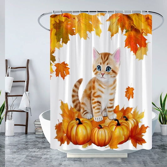 Fall Pumpkin Cat Shower Curtain 70x70 Inches