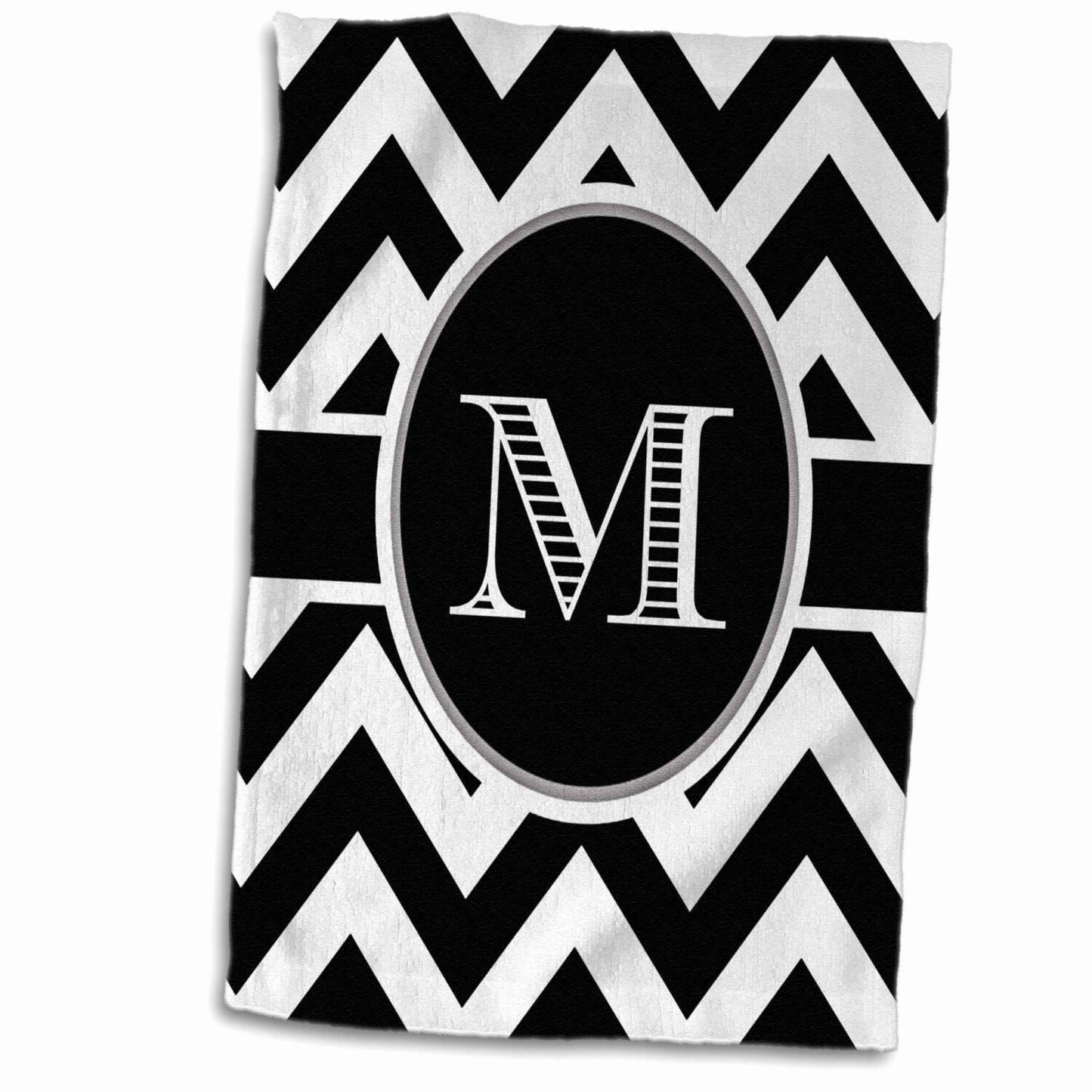 3D Rose Black & White Chevron Monogram Hand Towel 15"x22"