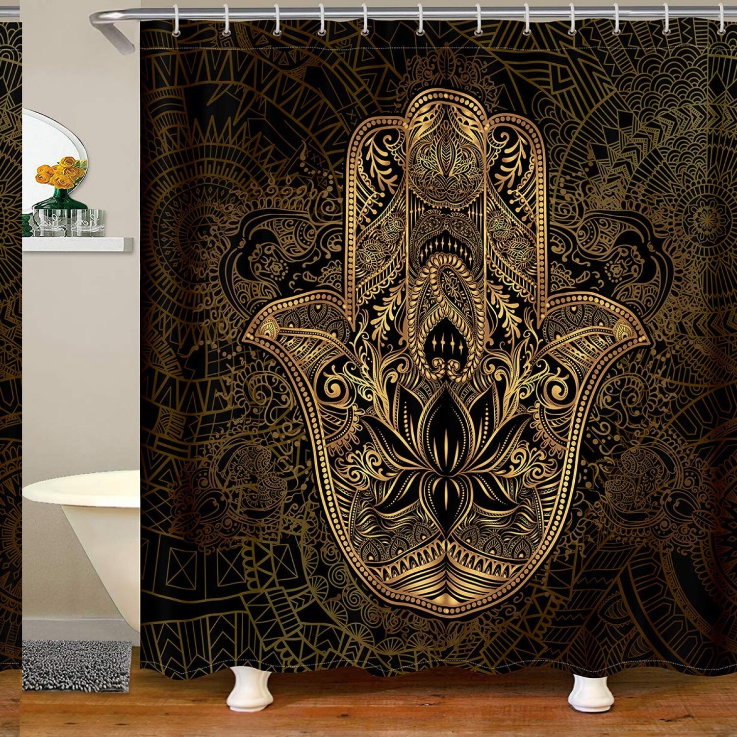 Gold Hamsa Hand Boho Shower Curtain 72x72 inches