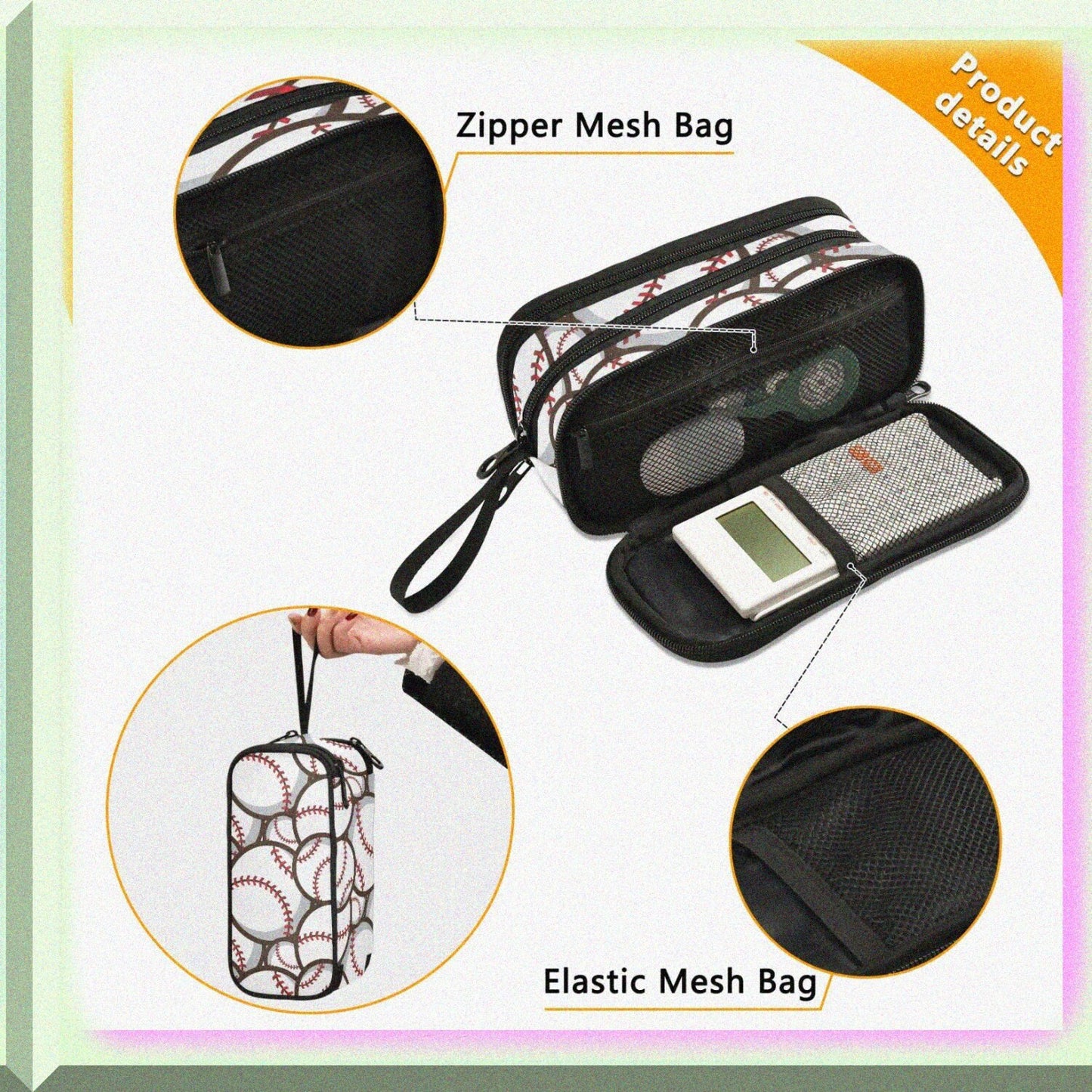 Large Capacity Baseball Pencil Case with 3 Compartments