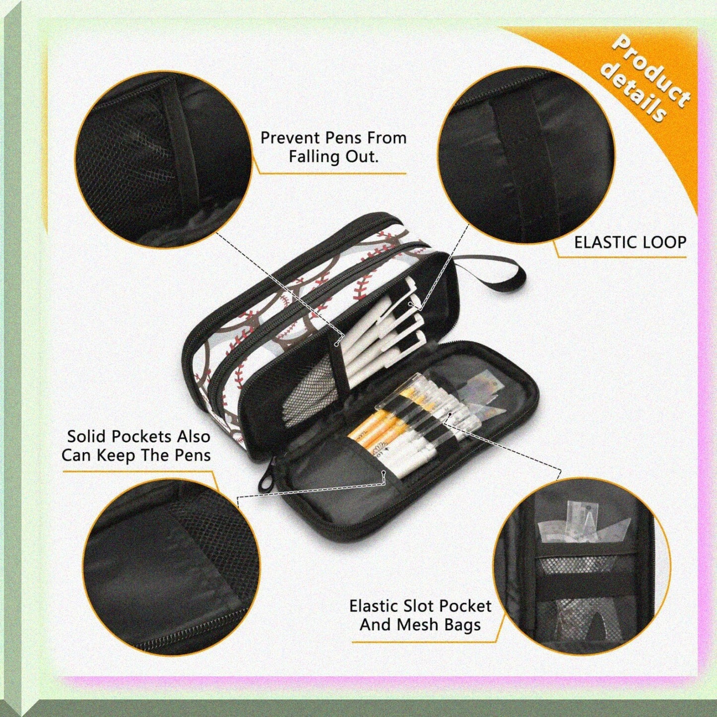 Large Capacity Baseball Pencil Case with 3 Compartments