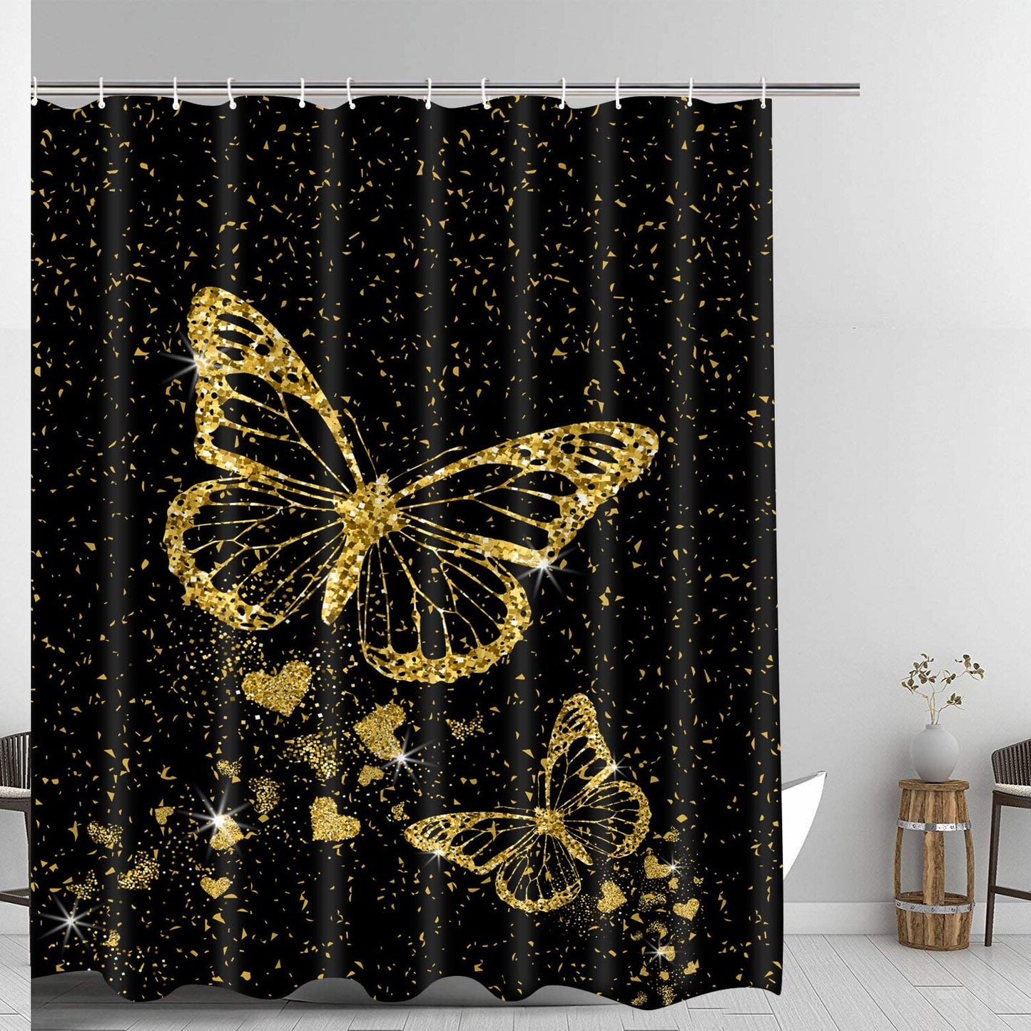 Gold Butterfly Shower Curtain 71"x72" with Hooks
