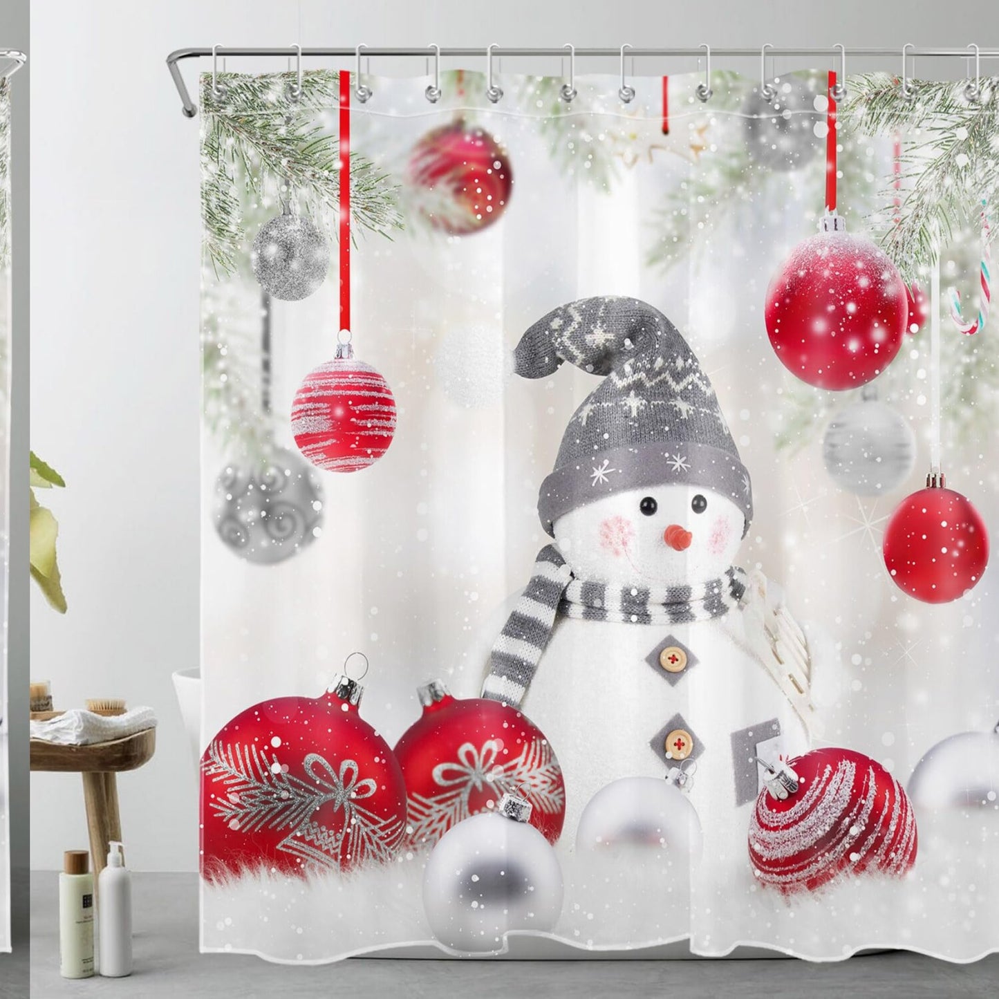 Grey Snowman and Red Ball Fabric Shower Curtain 72x72 inches