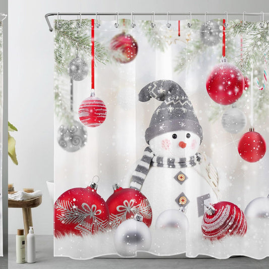 Grey Snowman and Red Ball Fabric Shower Curtain 72x72 inches