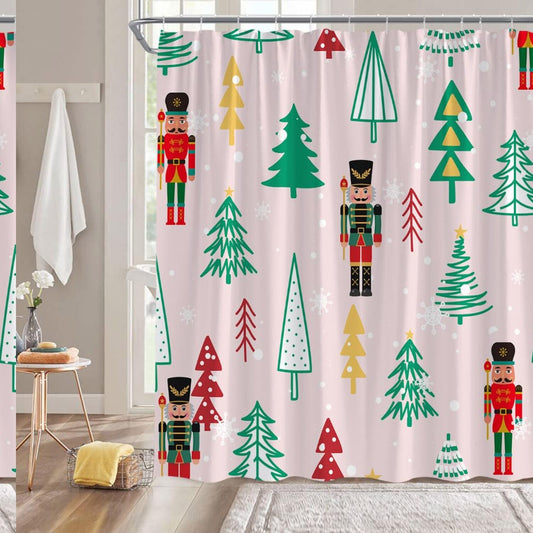 Green Xmas Tree Cartoon Shower Curtain with Hooks