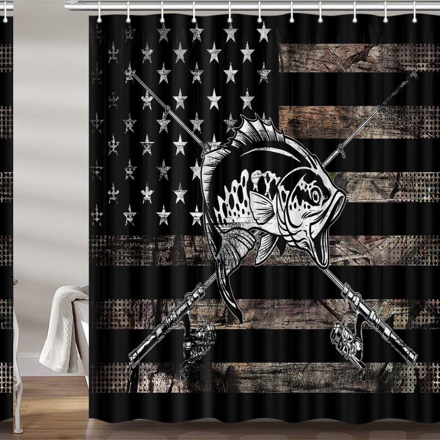 Country Flag Fishing Shower Curtain Set 72x72 Black White Fabric