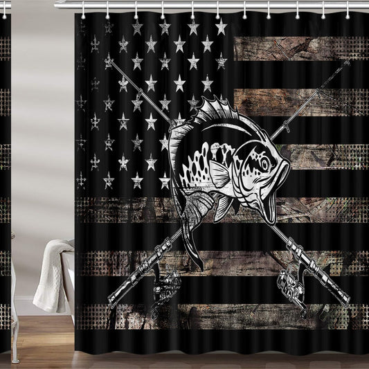 Country Flag Fishing Shower Curtain Set 72x72 Black White Fabric