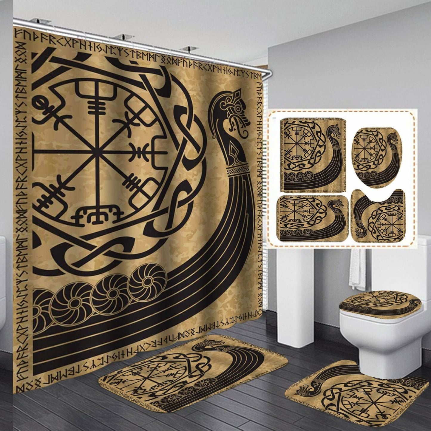 4PCS Viking Dragon Head Shower Curtain Set with Bath Mats