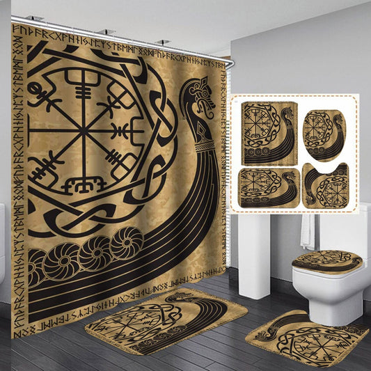 4PCS Viking Dragon Head Shower Curtain Set with Bath Mats