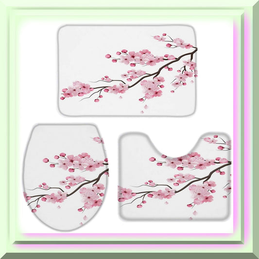 Non-Slip 3-Piece Bath Rug Set with Cherry Blossom Design