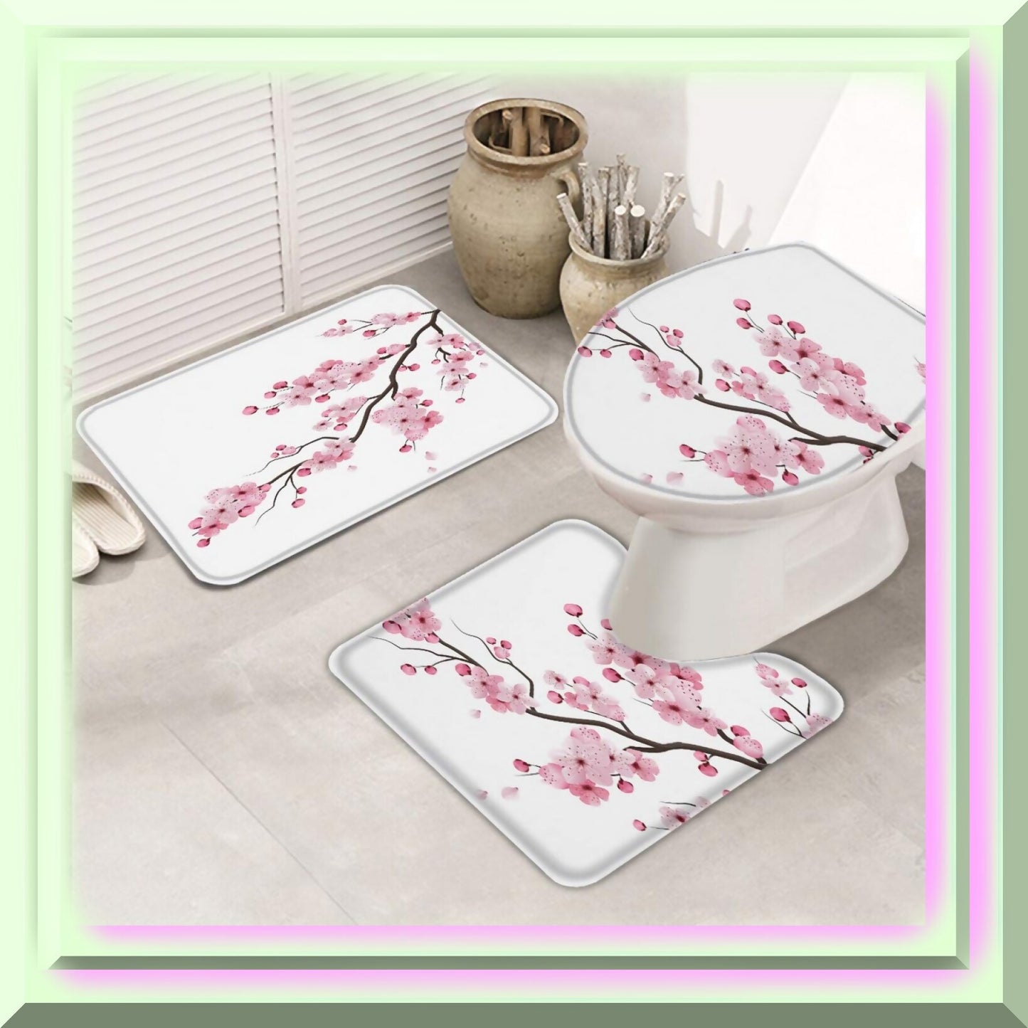 Non-Slip 3-Piece Bath Rug Set with Cherry Blossom Design
