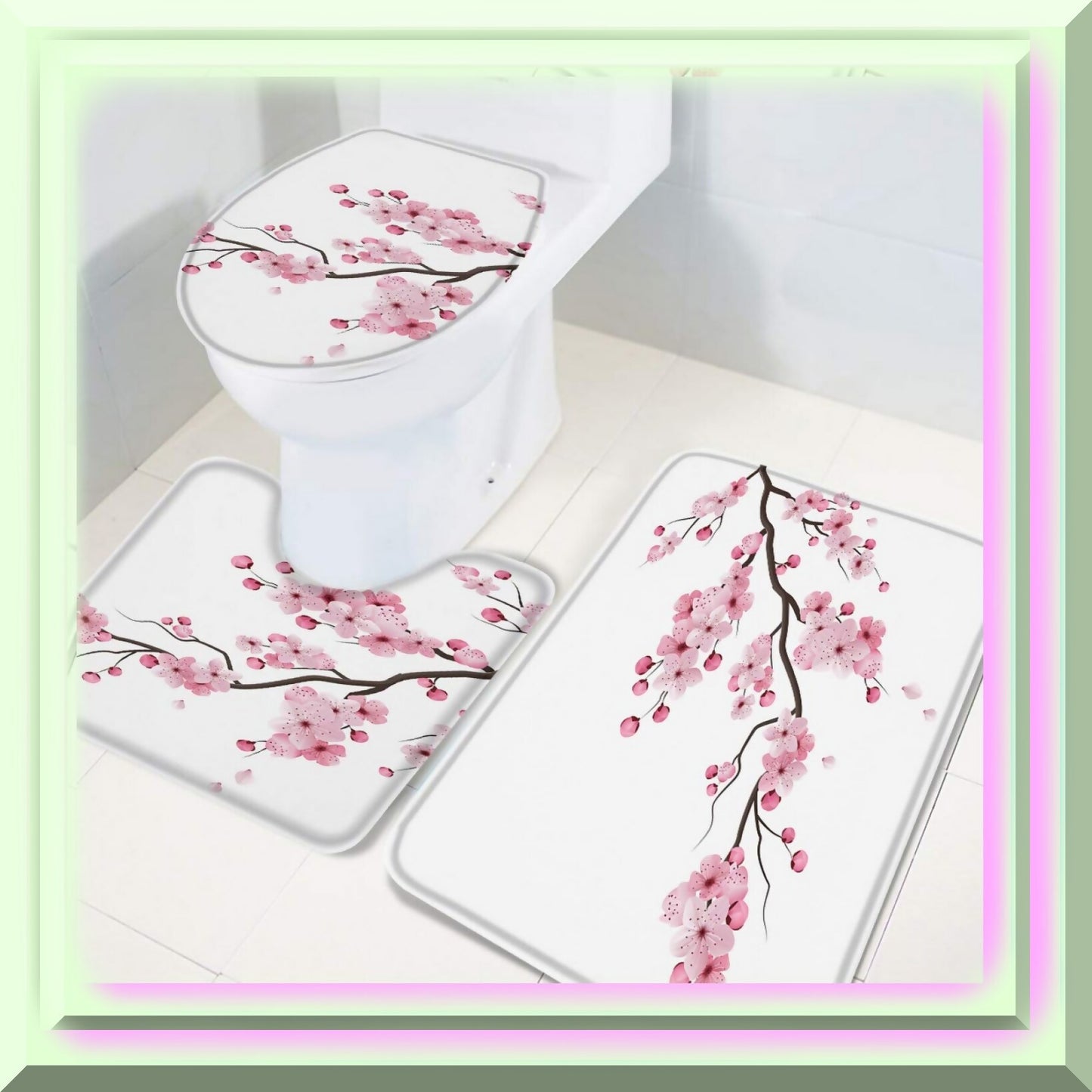 Non-Slip 3-Piece Bath Rug Set with Cherry Blossom Design