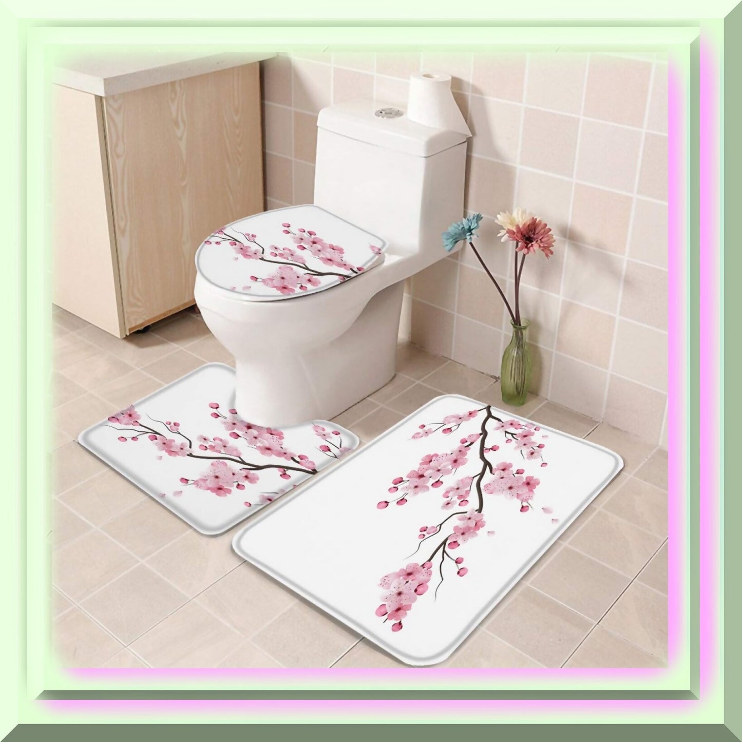 Non-Slip 3-Piece Bath Rug Set with Cherry Blossom Design