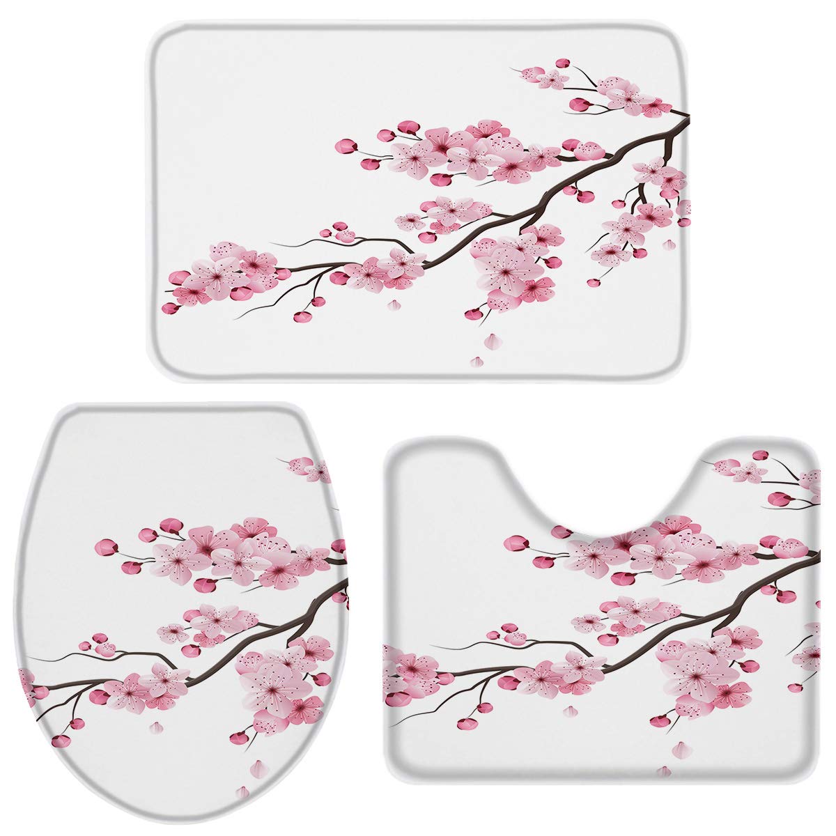 Non-Slip 3-Piece Bath Rug Set with Cherry Blossom Design