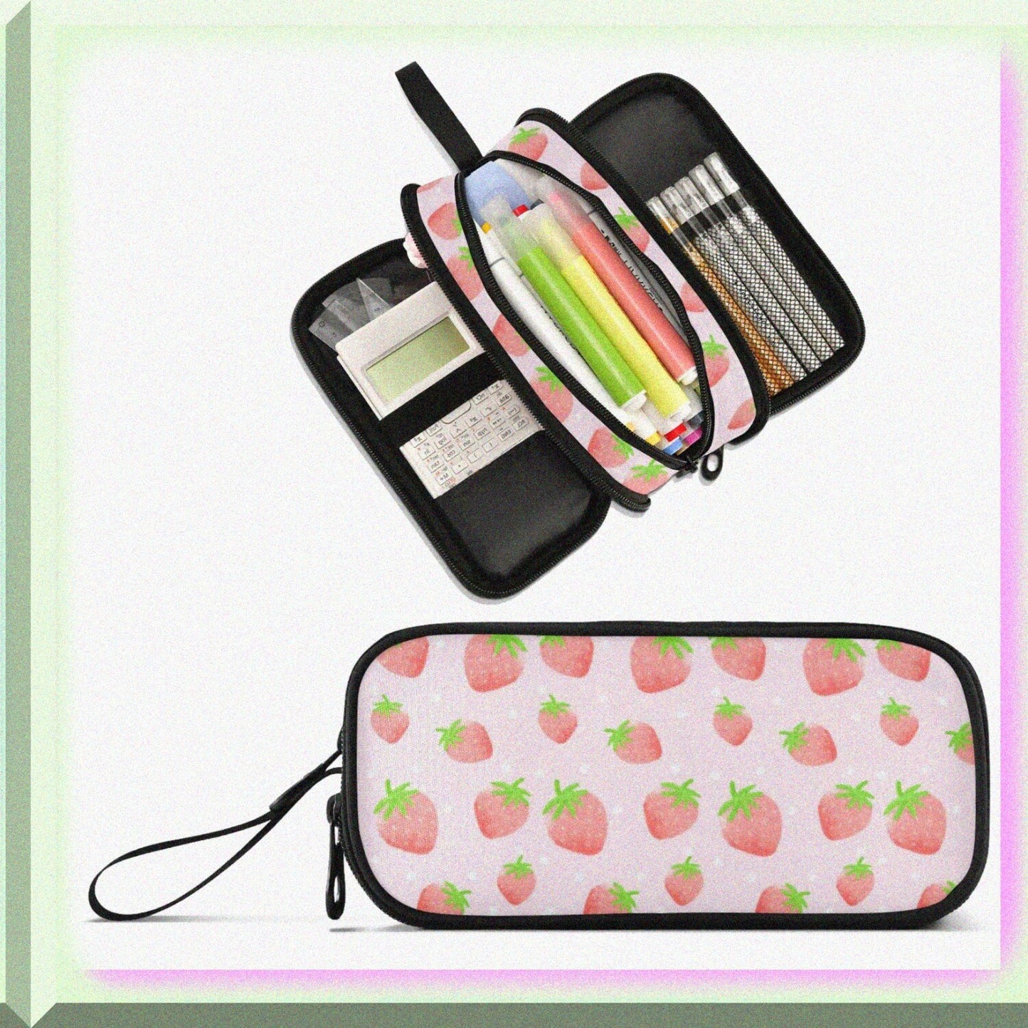 Pink Strawberry Large Capacity Pencil Case with 3 Compartments