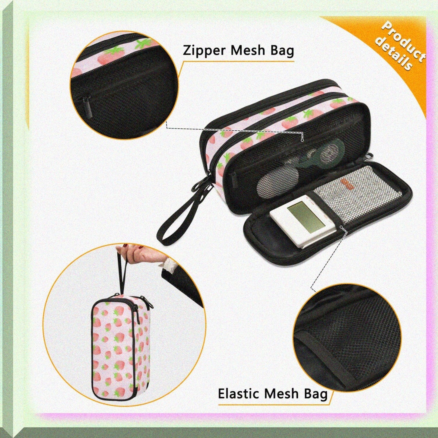 Pink Strawberry Large Capacity Pencil Case with 3 Compartments