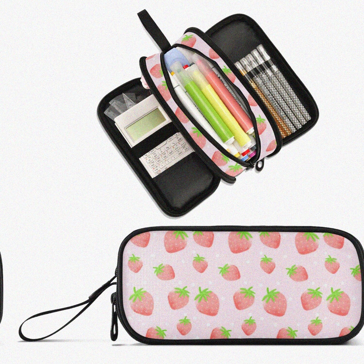 Pink Strawberry Large Capacity Pencil Case with 3 Compartments
