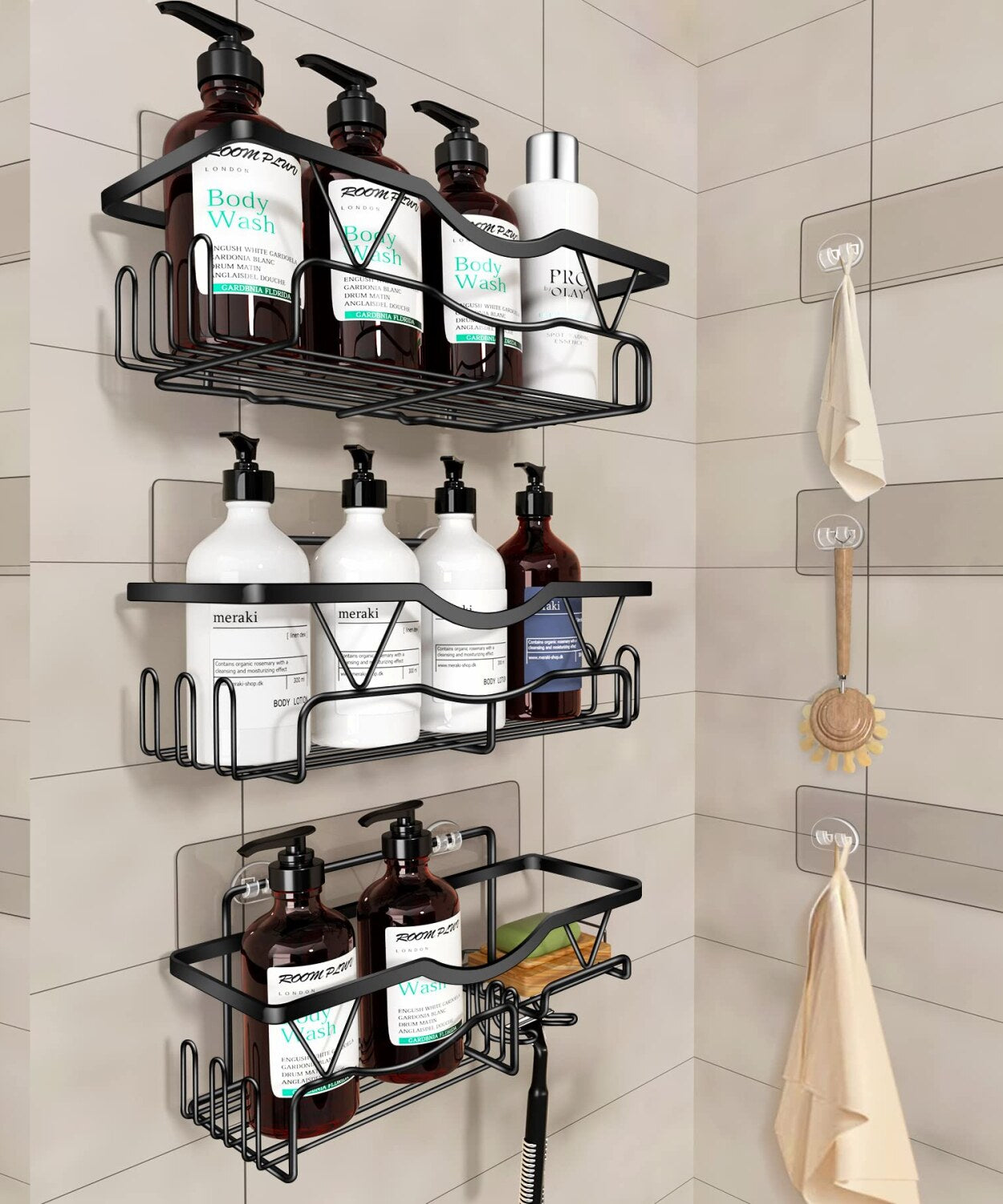 3 Pack Black Shower Caddy with Adhesives