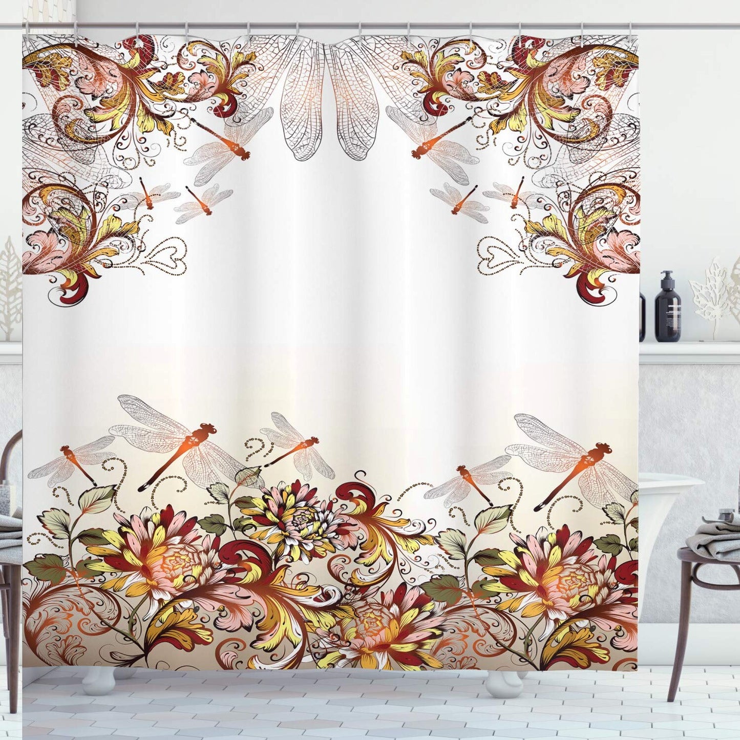 Floral Shower Curtain Dragonflies Wildflowers 69x70