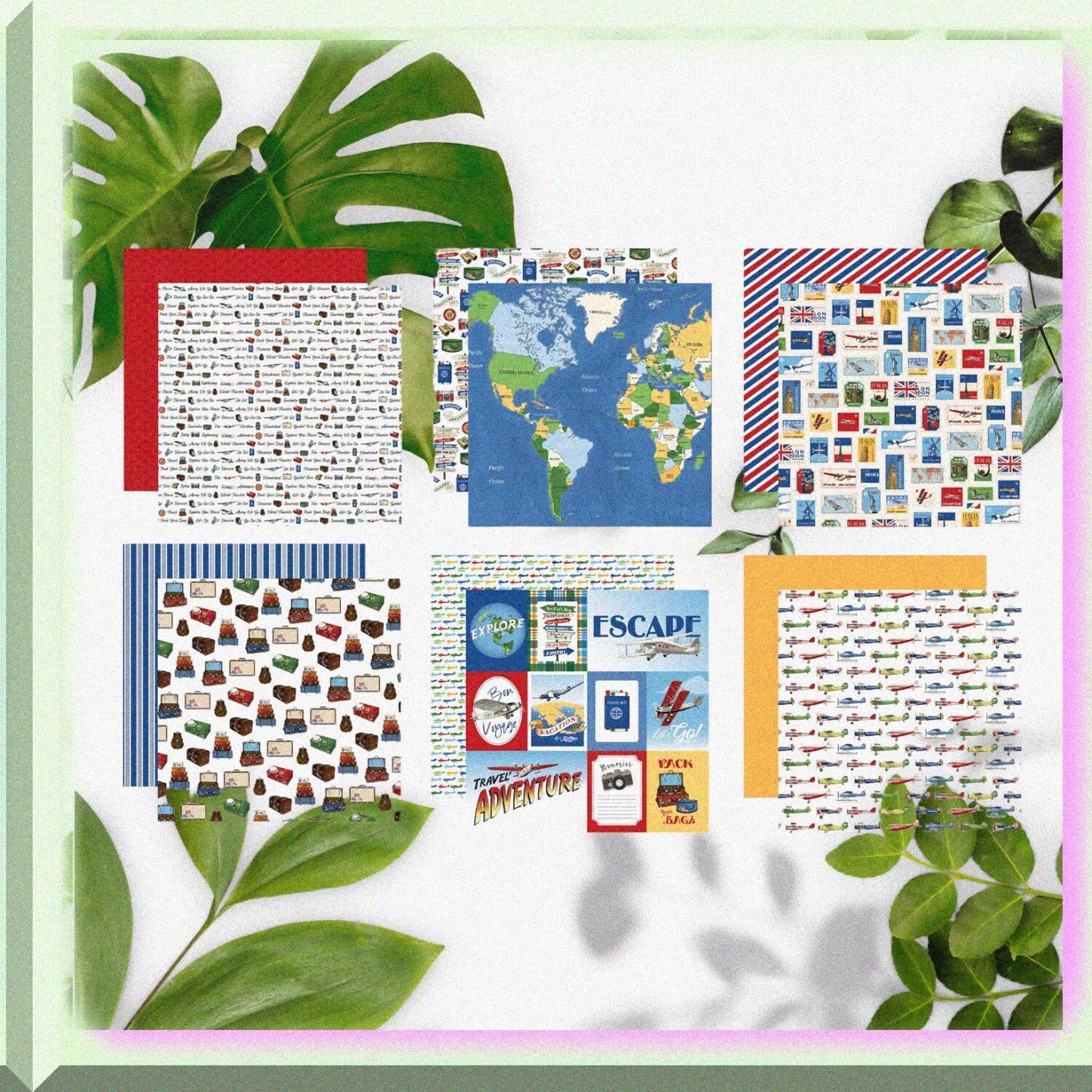 Travel Scrapbook Paper Set 12x12 World Map and Travel Designs