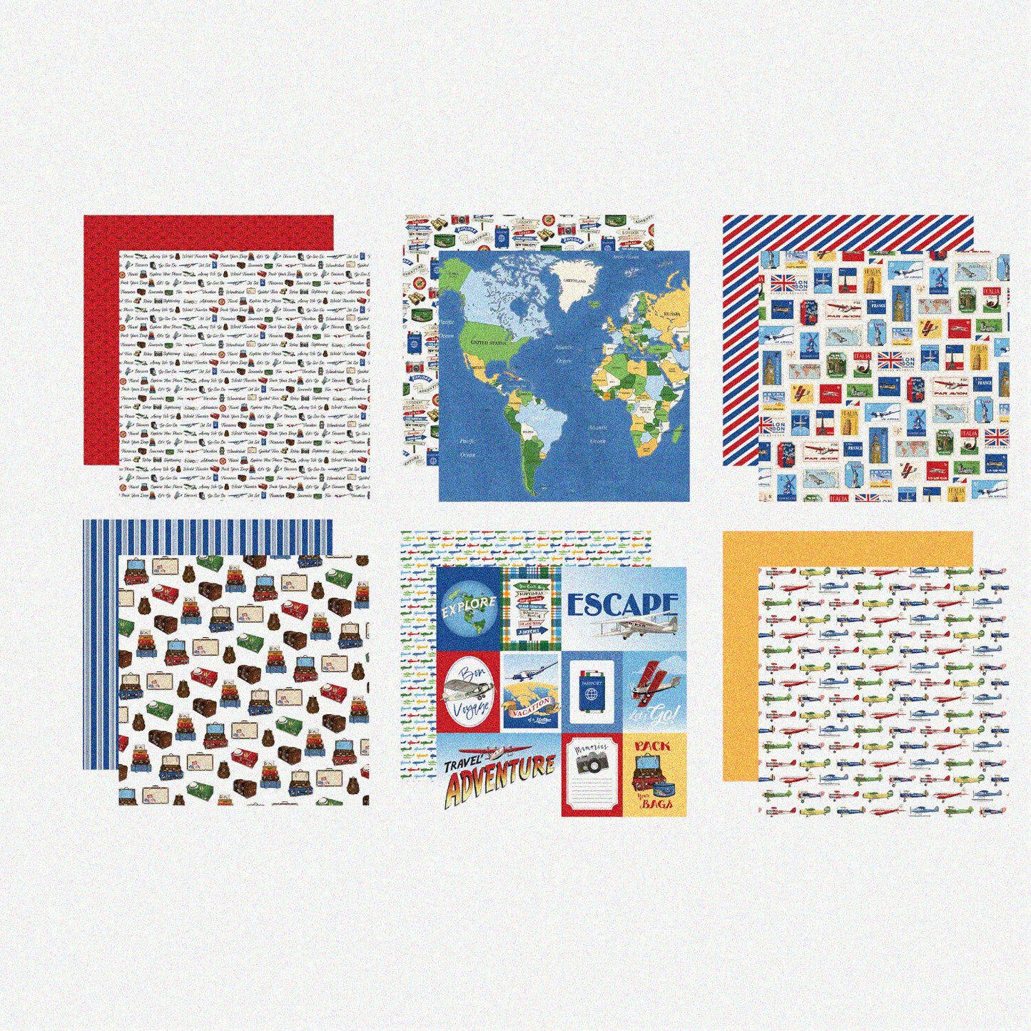 Travel Scrapbook Paper Set 12x12 World Map and Travel Designs