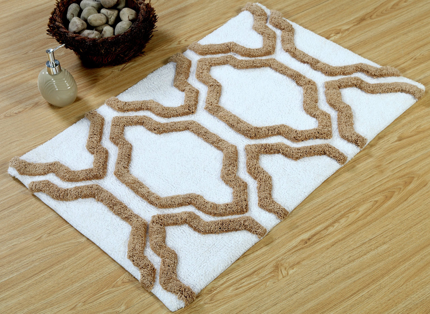 Cotton Bath Rug 34x21 Inch Ivory Beige Geometric