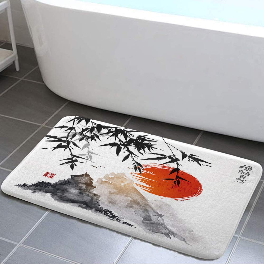 Bamboo Trees Sun and Mountains Bath Rug 17x29in