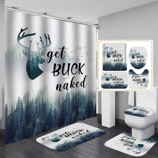 4PCS Deer Antler Shower Curtain Set with Rugs