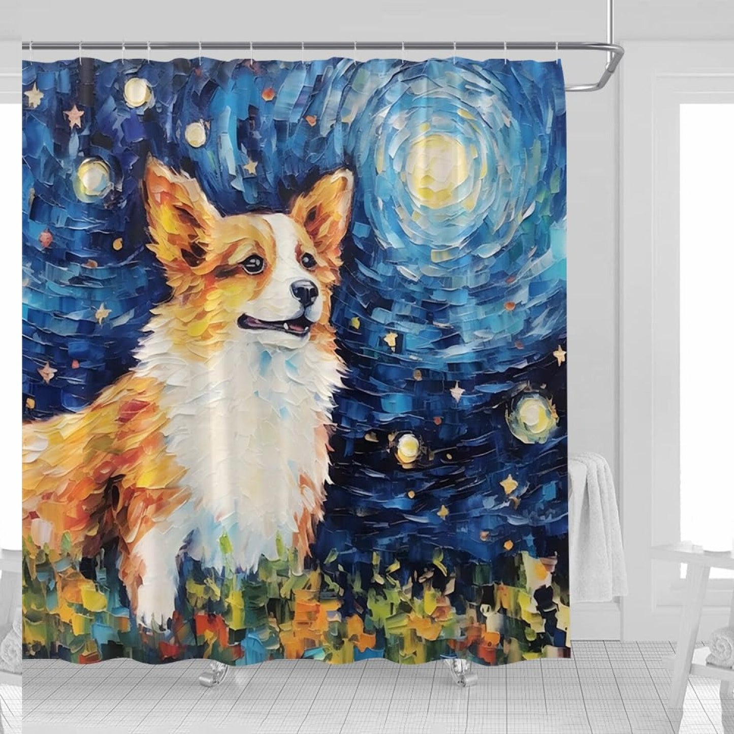 Cute Dog Shower Curtain 70x70 Starry Night Fabric