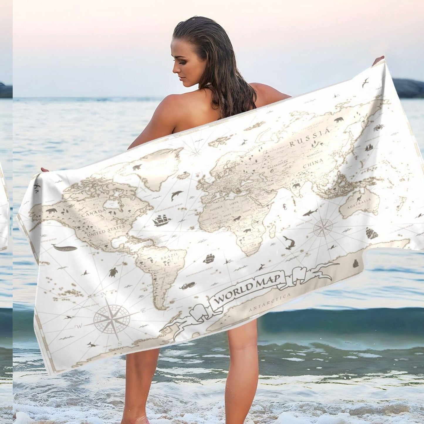 Vintage World Map Microfiber Beach Towel 71x31in
