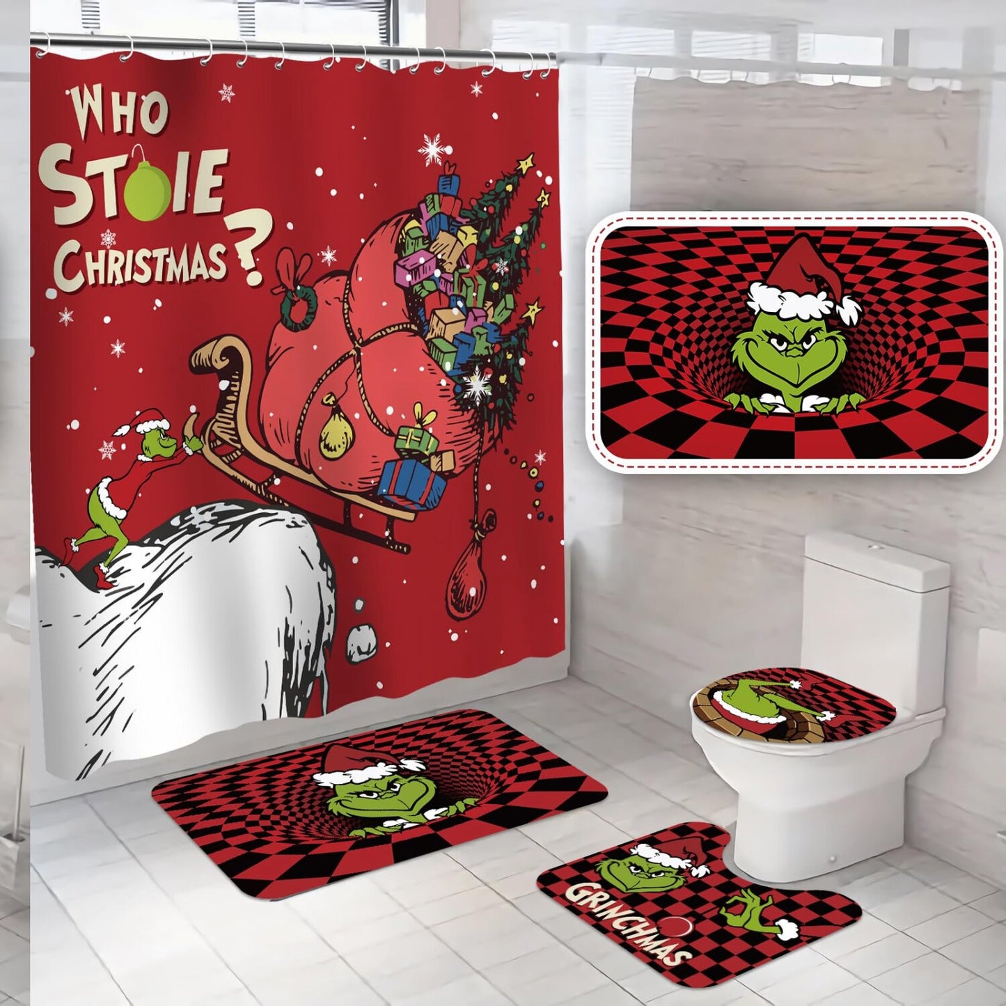 4Pcs Bathroom Shower Curtain Set with Rugs and Hooks