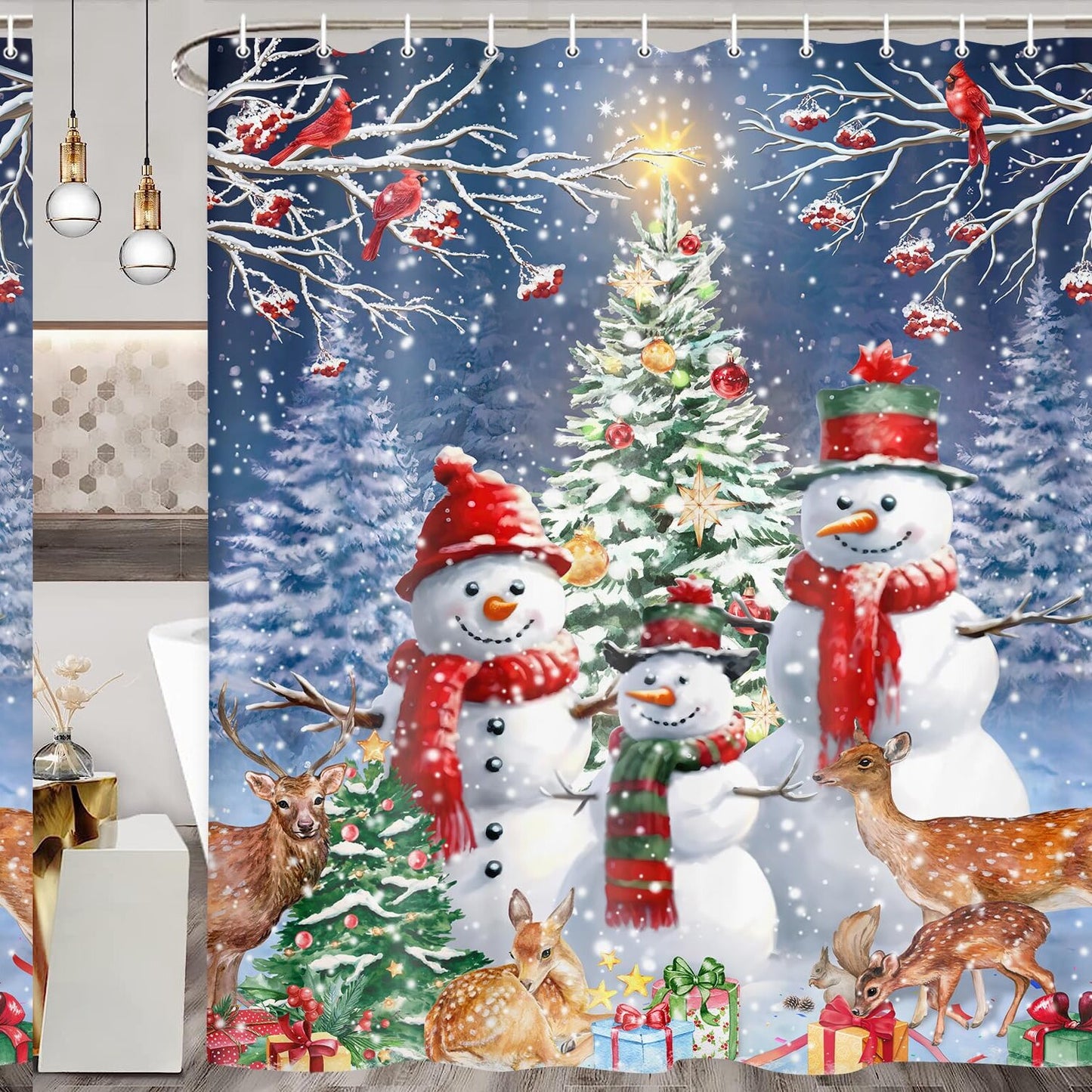 Xmas Winter Deer Snowman Shower Curtain 70x70in