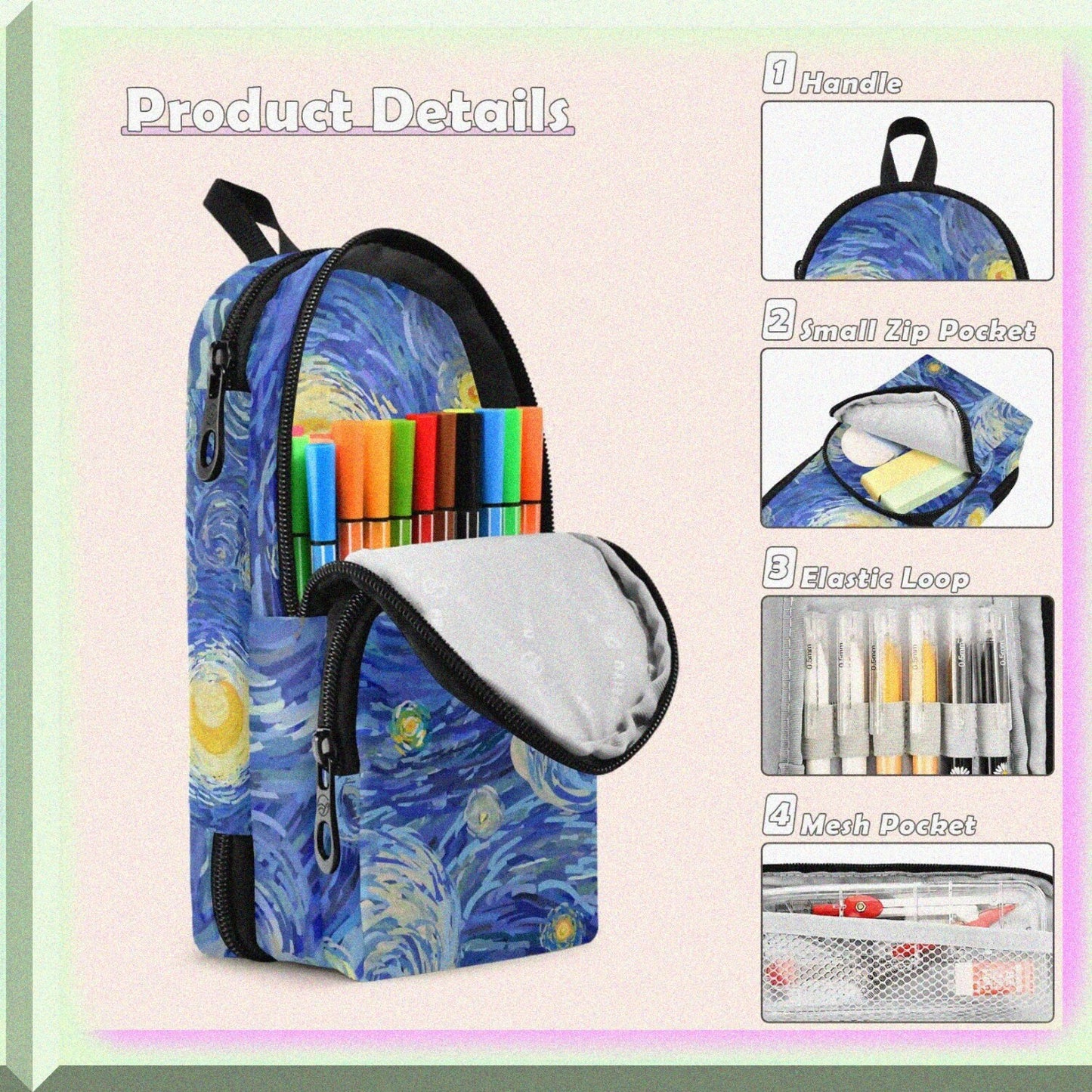 Large Capacity Canvas Pencil Case with Van Gogh Design