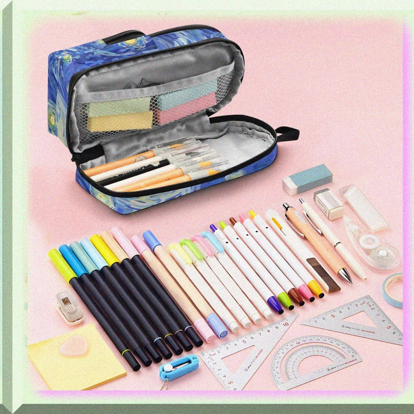 Large Capacity Canvas Pencil Case with Van Gogh Design
