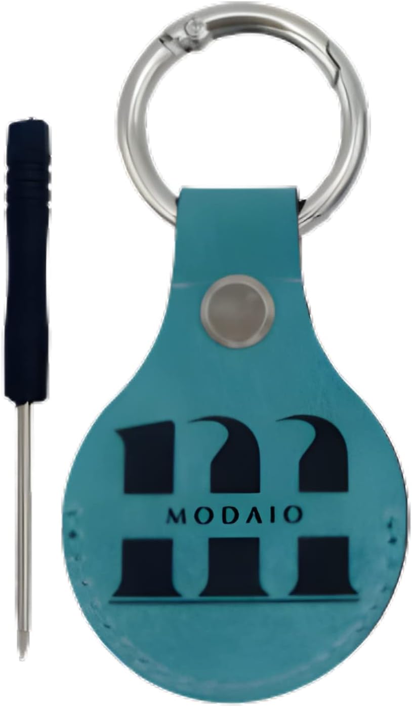 MODAIO-Leather Case Cover Compatible with Apple AirTag, Includes Key Ring and Mini-Ring Opener for Pets, Keys, Luggage, Backpacks – [1 Pack, Sky Blue]