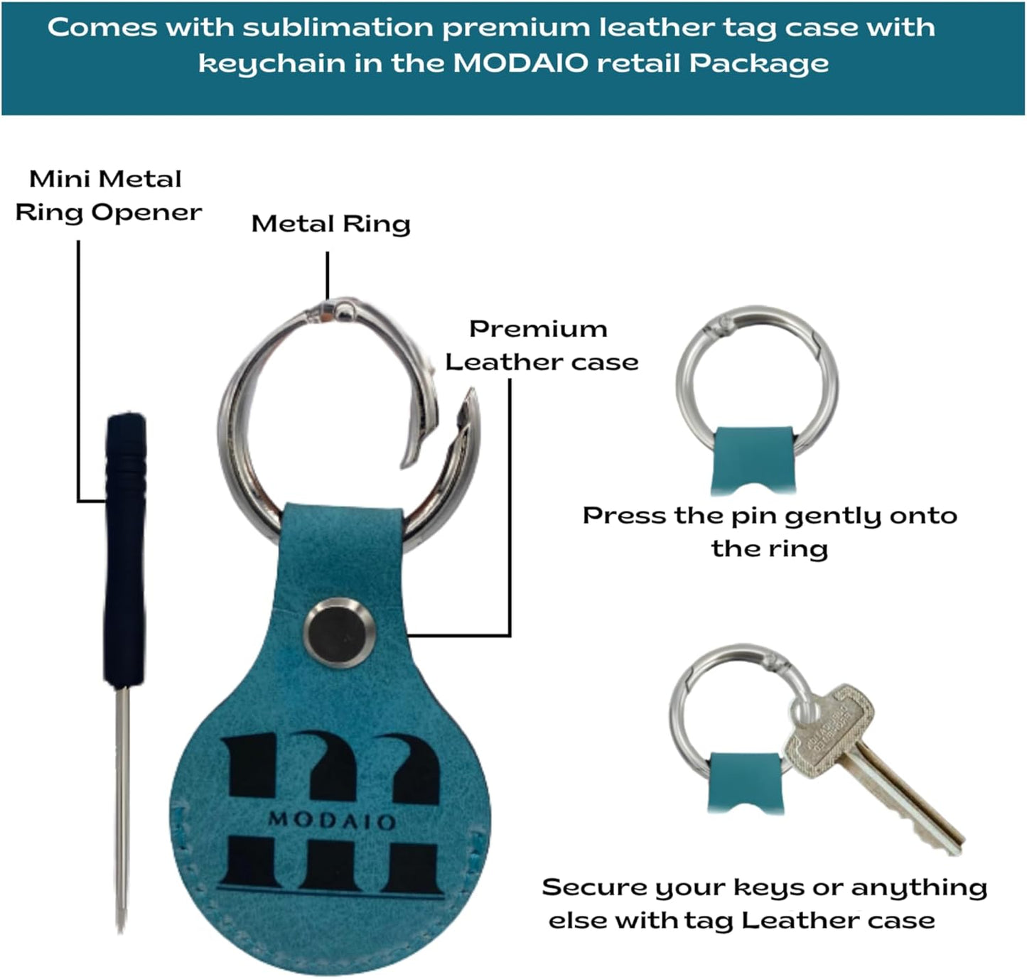 MODAIO-Leather Case Cover Compatible with Apple AirTag, Includes Key Ring and Mini-Ring Opener for Pets, Keys, Luggage, Backpacks – [1 Pack, Sky Blue]