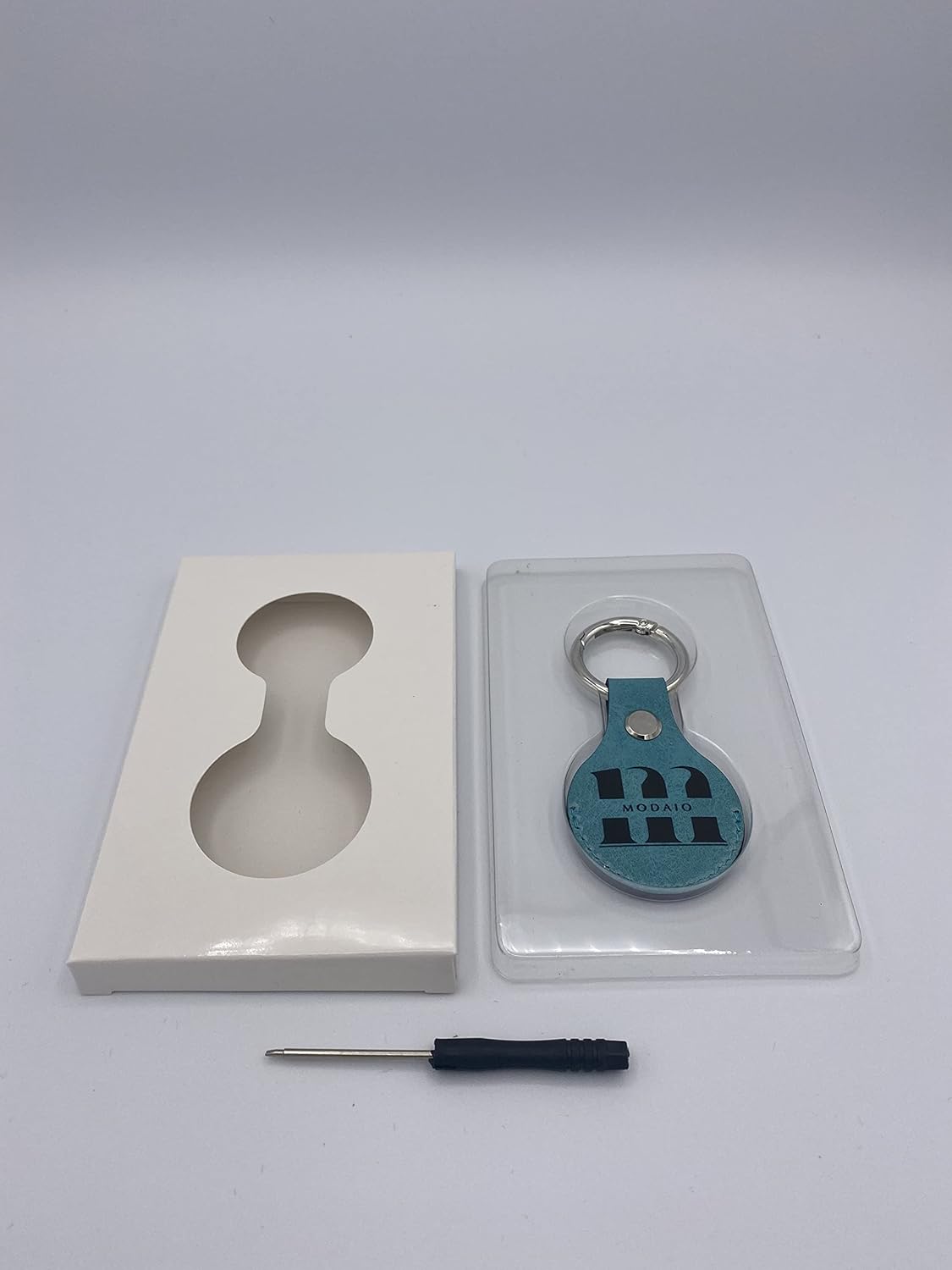 MODAIO-Leather Case Cover Compatible with Apple AirTag, Includes Key Ring and Mini-Ring Opener for Pets, Keys, Luggage, Backpacks – [1 Pack, Sky Blue]