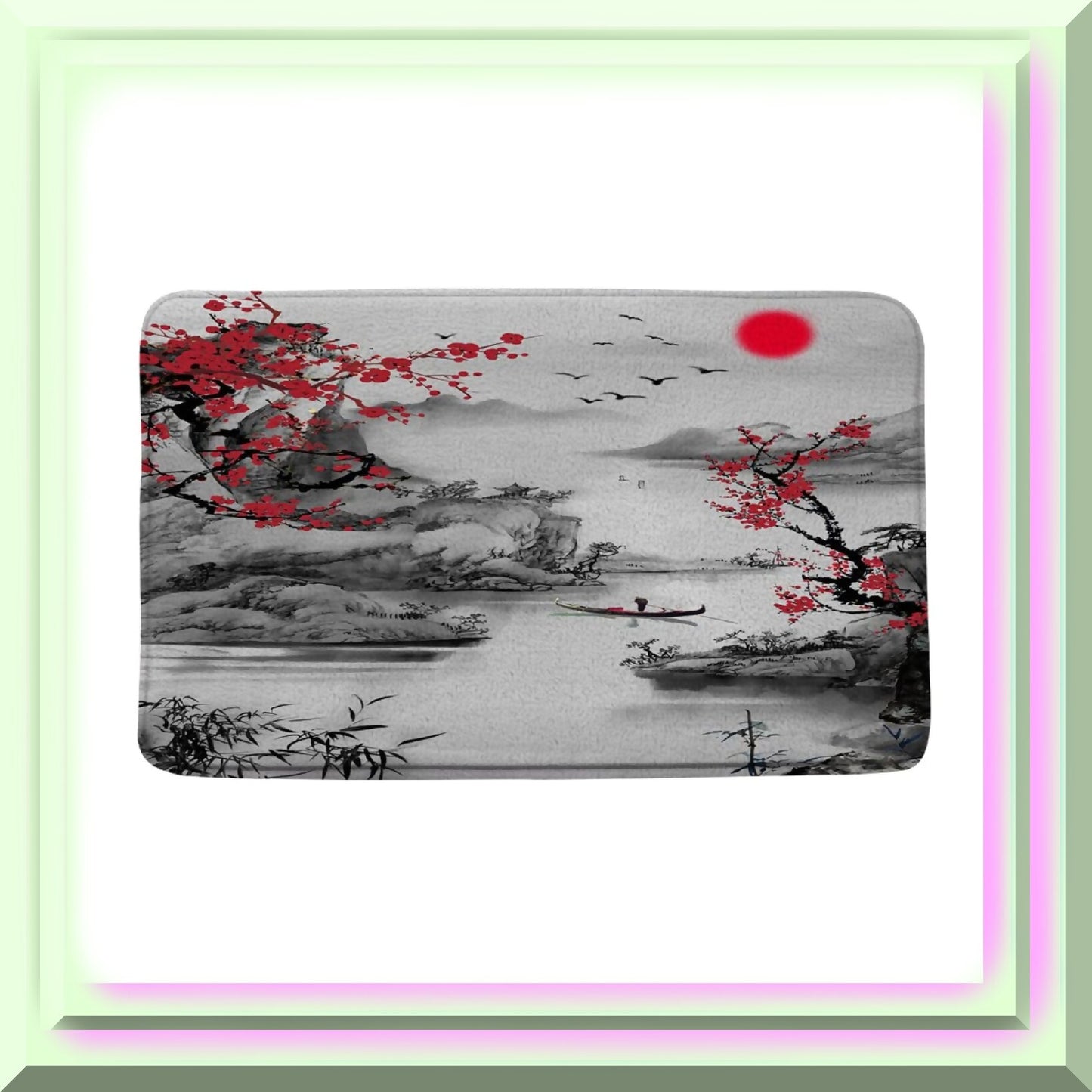 Asian Decor Bath Mat Red Plum Blossom 17.7 x 29.5 Inch