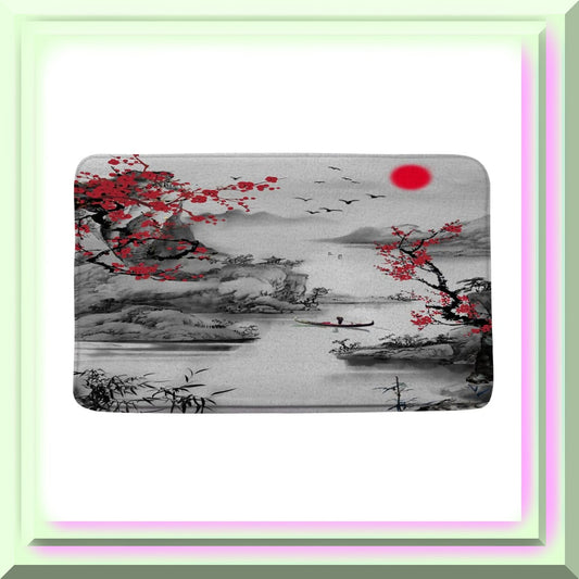 Asian Decor Bath Mat Red Plum Blossom 17.7 x 29.5 Inch